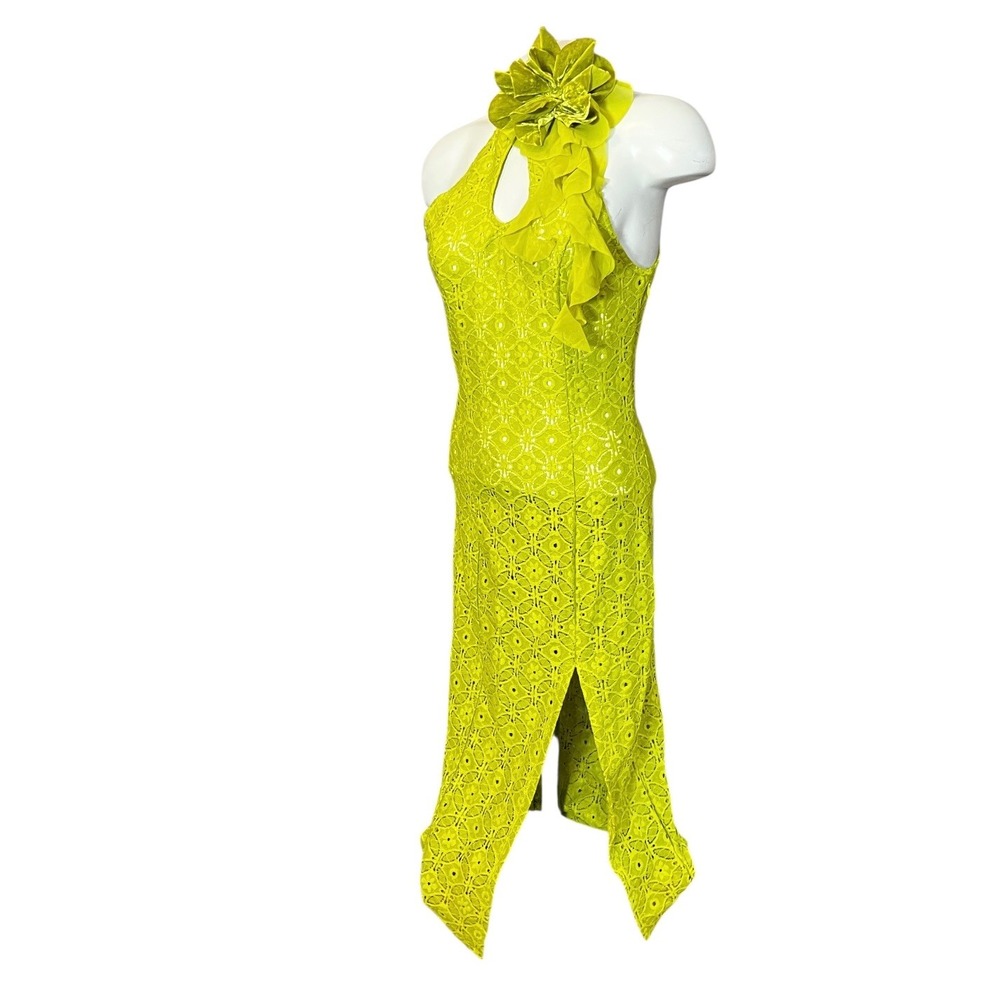 KIMCHI BLUE Lime Green Lace Halter Maxi Dress Flower Accent Slit M